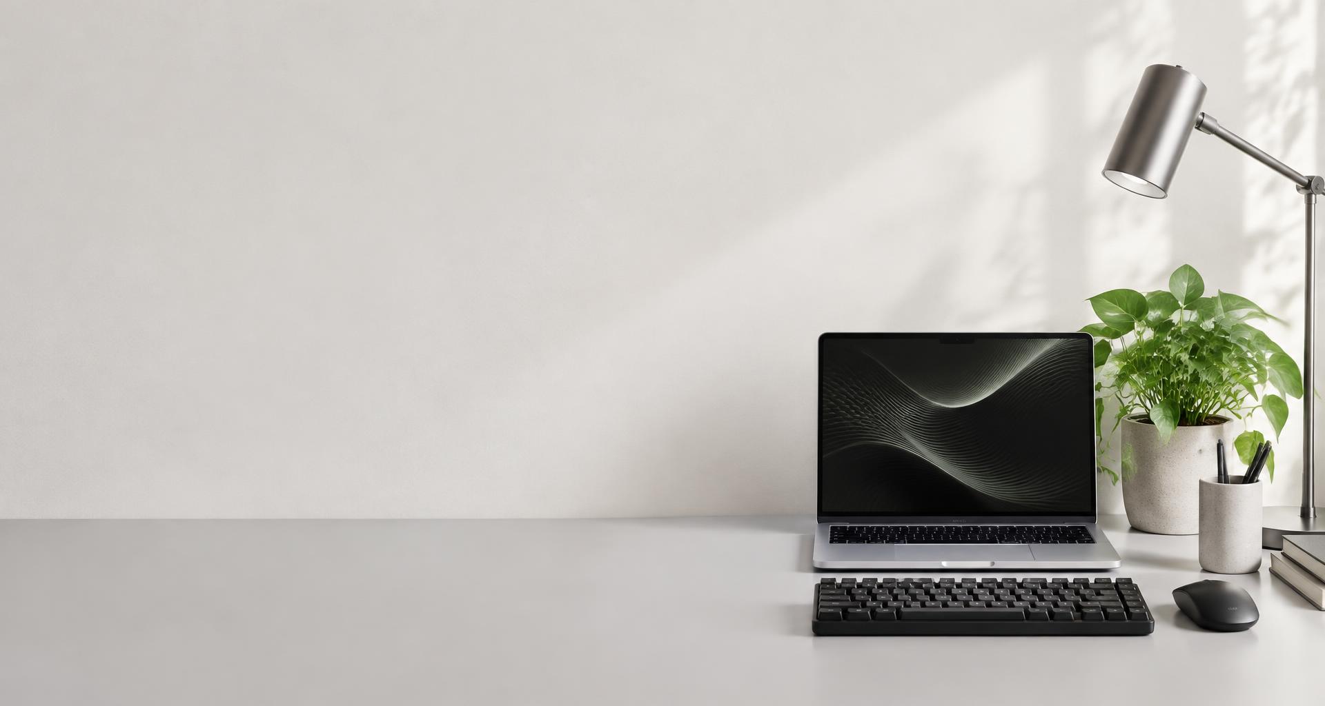 An illustrative modern developer workspace with a laptop and desk lamp
